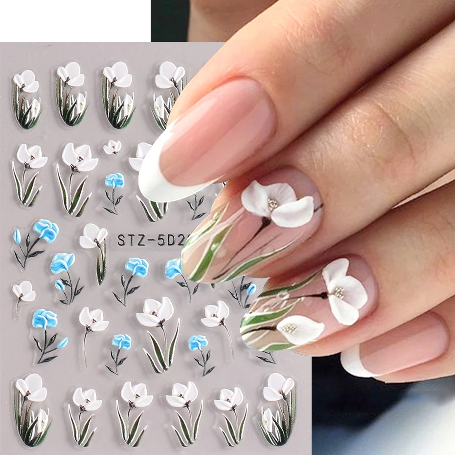 5D Embossed Flower Nail Stickers Lily of the Valley Snowdrops Tulip Adhesive Decals Gorgeous Summer Nail Art Designs Accessories
