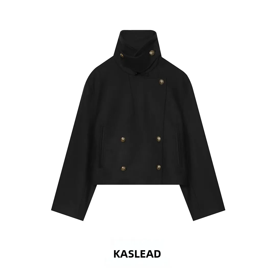KASLEAD Women's Fashion High-End Mixed-Fiber Chimney-Neck Jacket Long Sleeve Double-Button Polyester Autumn Outerwear