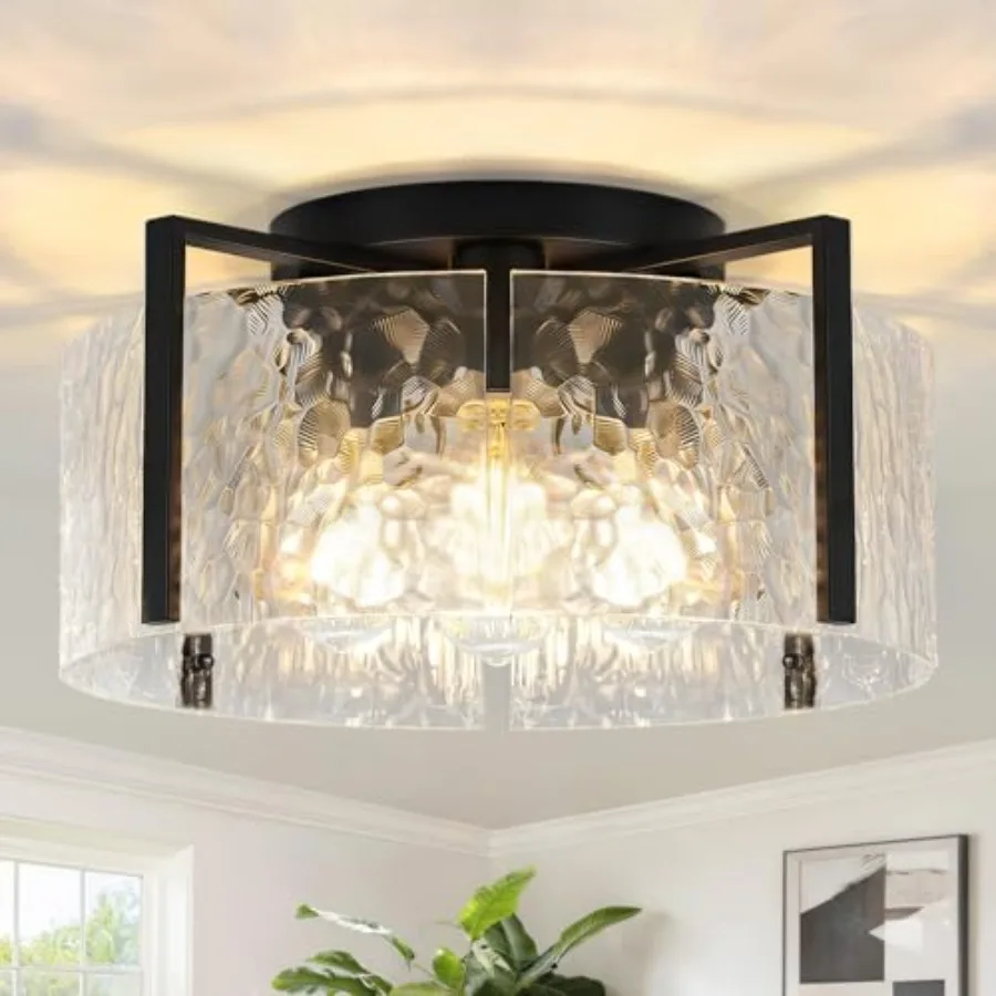 

16" Semi-Flush Mount Ceiling Light 4-Light Modern Hammered Glass Drum Fixture Dimmable E26 Socket Indoor Lighting for Bedroom H