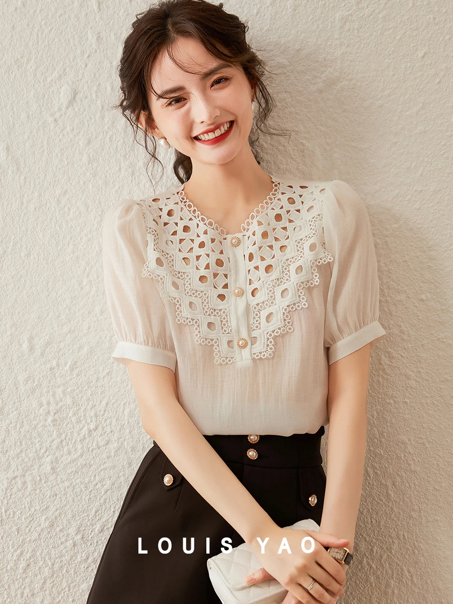 LOUIS YAO Women Shirt 2024 Summer New Lace Hollow Out Sweat Elegant Short Sleeve Retro Loose Blouses Women's Top