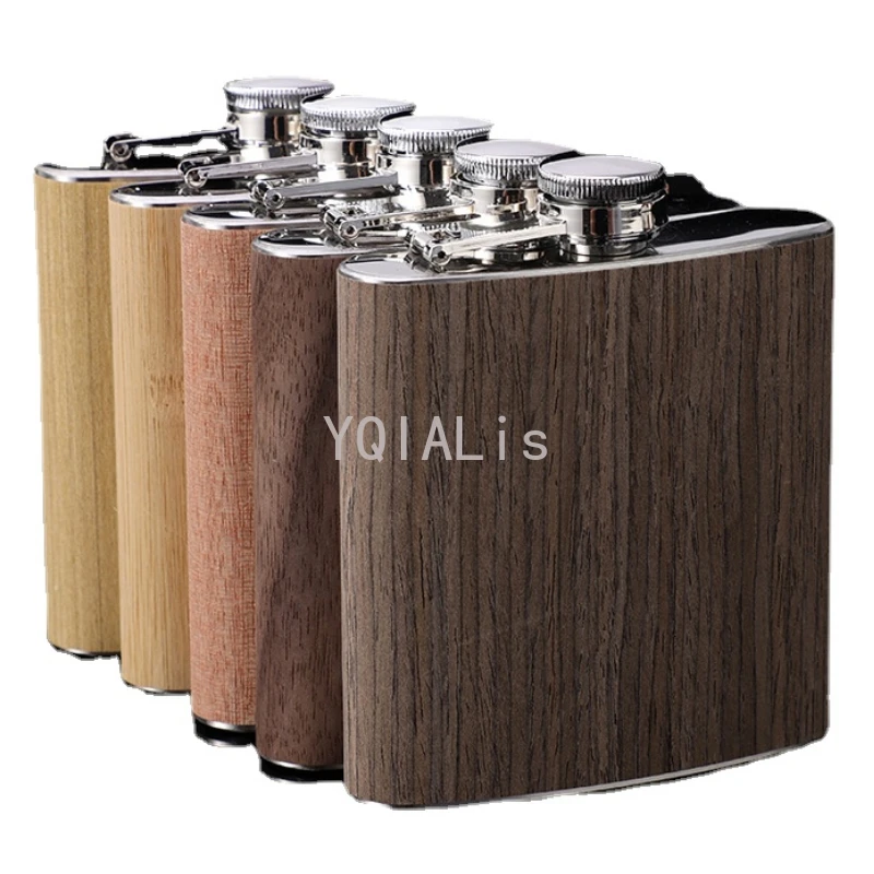 150-200Ml Classical Outdoor Portable Hip Flask Wood Grain Leather Fashion Whiskey Vodka Sake Shochu Bottle Gift Wine Pot