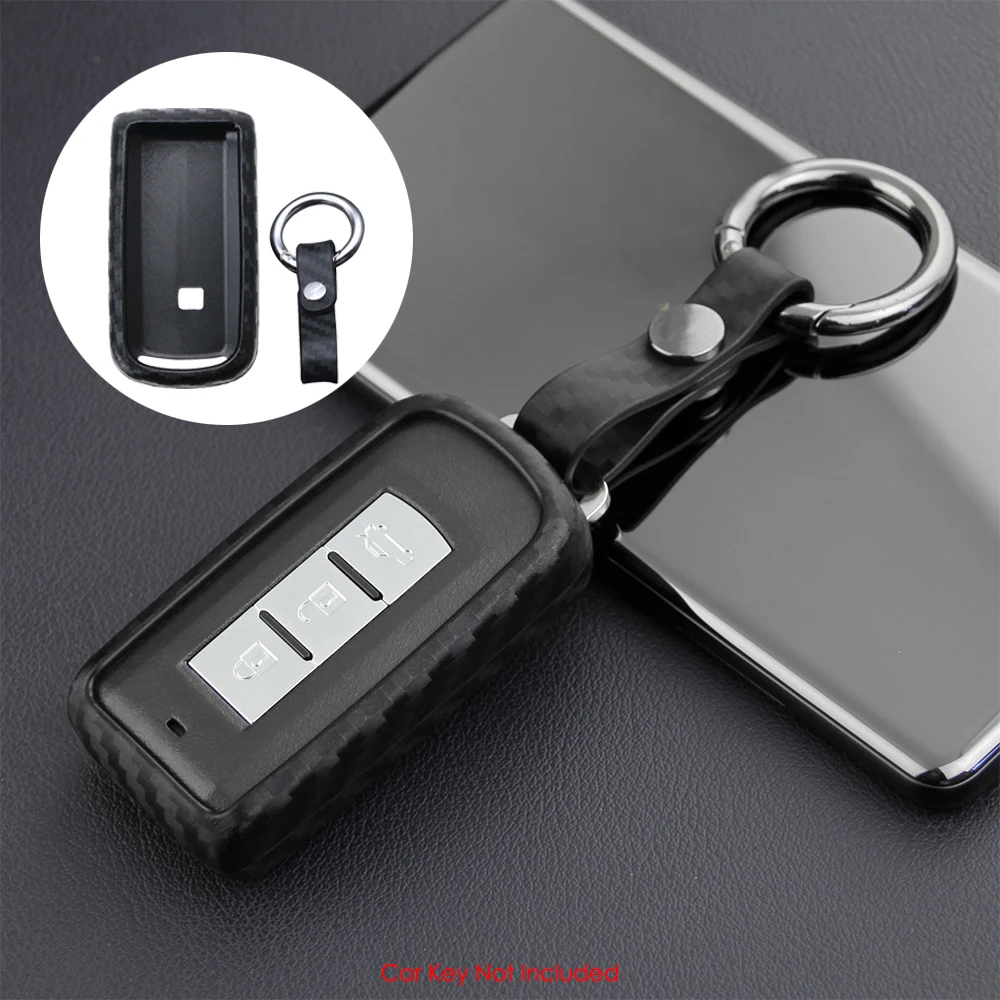 

Car Key Fob Case Cover Holder Shell Fob For Mitsubishi Carbon Fiber Car Remote Key Pouch Bag Key Chain Buckle
