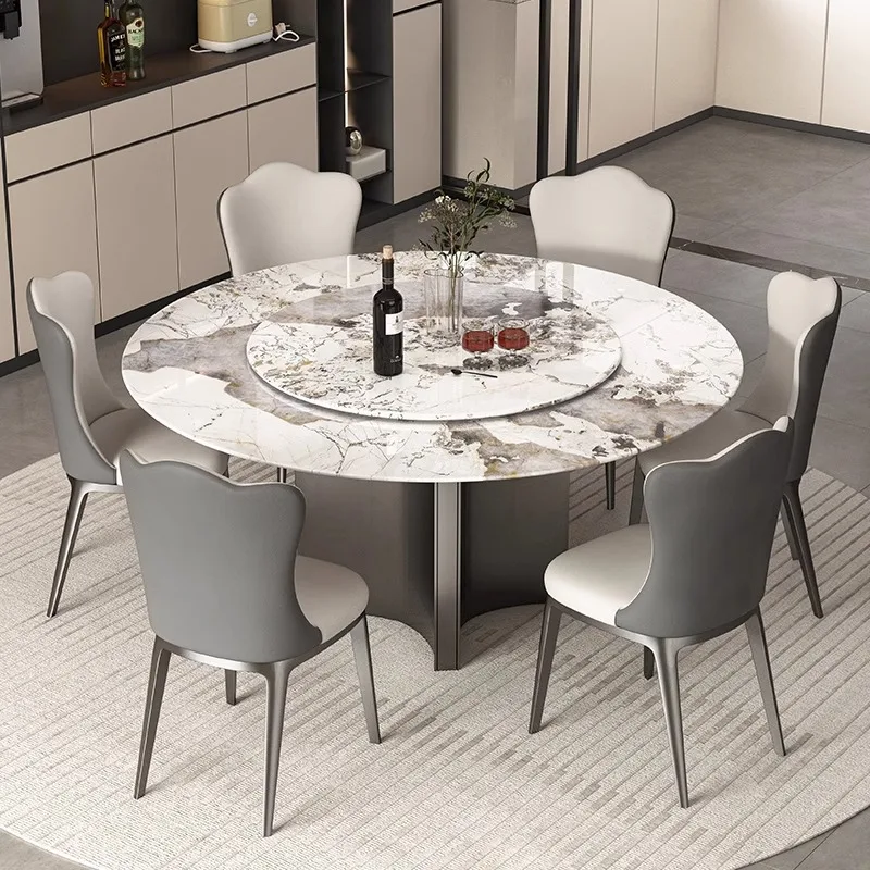 

Light luxury natural microcrystalline stone round dining table high-end Italian rock slab rotating round table household