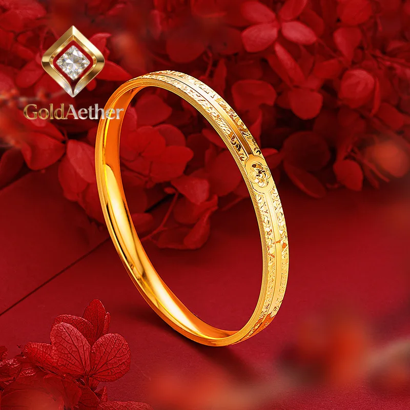 

GoldAether 9999 24K Real Gold Lucky Grass Light Luxury Crushed Ice Pattern Bracelet with CNC Burst Flash Closed Loop Plain Circl