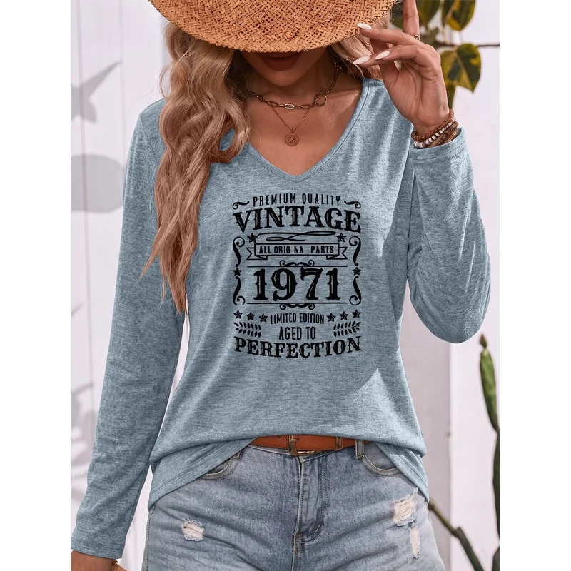 Vintage Font Slogan 1971 Limited Edition Printed V Neck Long Sleeve T Shirt Comfortable Soft Breathable Classic Vintage Casual A
