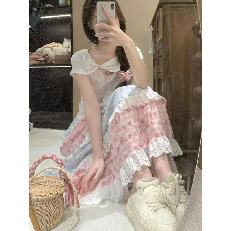 2026 Primavera novedad de verano vestido de encaje de cintura alta con forma de pastel para mujer dulce chica Vintage francés Floral encaje empalme falda Retro