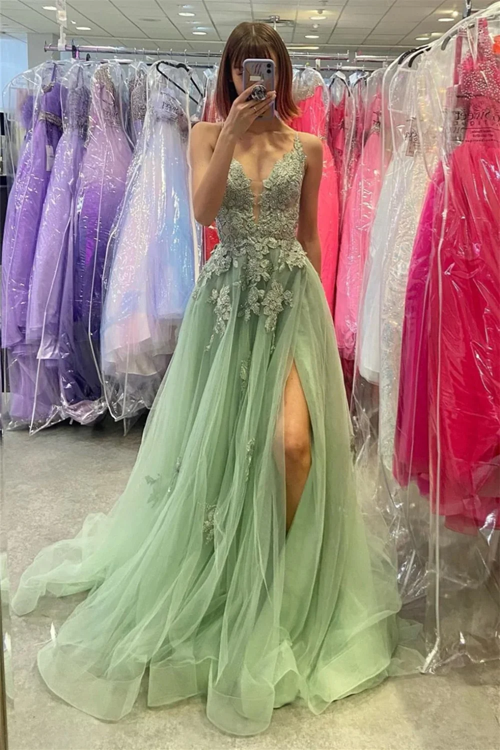 Sage Green Tulle V-neck A-line Evening Dresses Flower Appliques Lace Ruffles Long Spaghetti Straps Lace Up Backless Party Dress