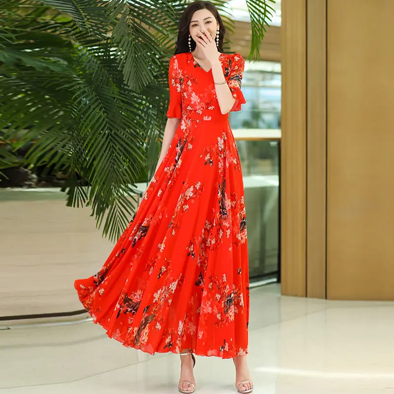 Vestido Longo Boho de Verão 2025 com Decote em V e Mangas Médias, Vestido de Praia em Chiffon E para Mulheres