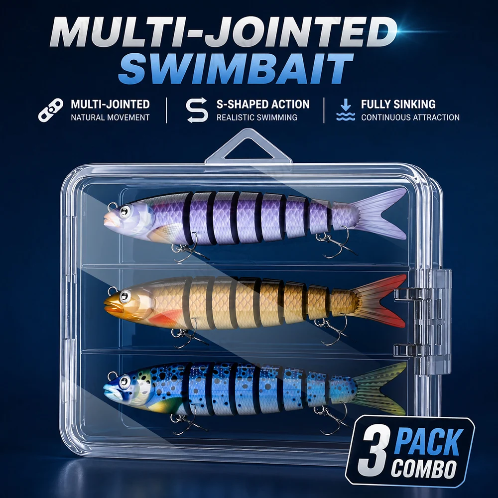 3 Stück mehrteilige Swimbaits Angelköder für Barsch und Forelle, langsam sinkend, bionisches Design, Süß- und Salzwasser-Schwimmer, Angelzubehör