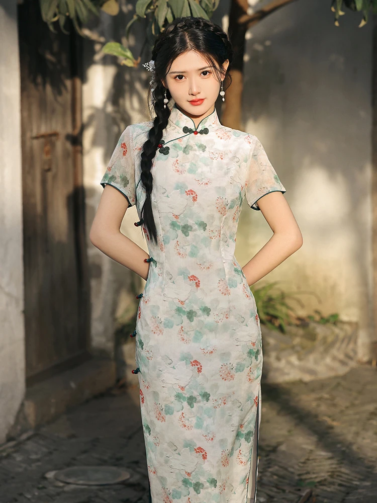 

Ele ort Sve Floral Qipao Young Sle Daily Wear High Slit Long Dr for Young Girls Chinese Classical Lady Faion