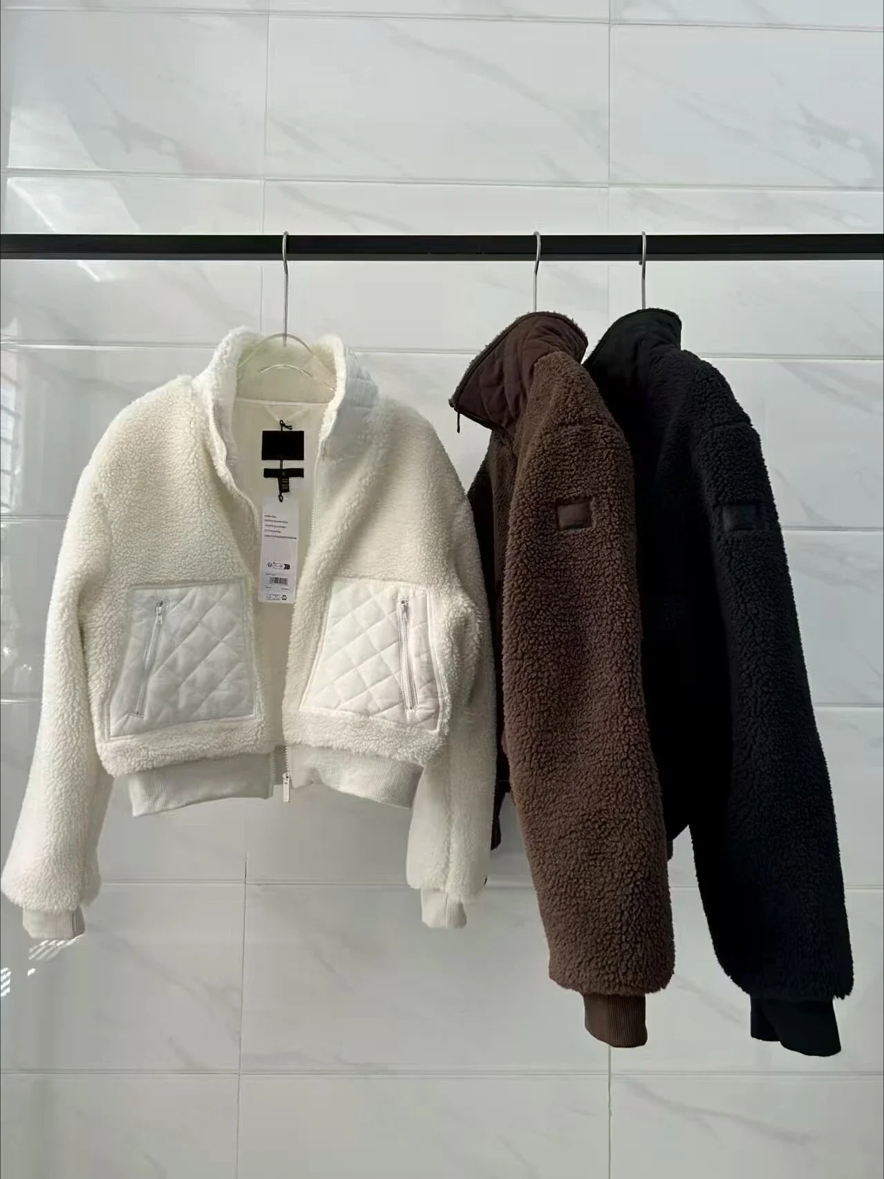 LO Winter New Women Warm Coat Design Patchwork Diamond Pocket Thickened Jacket Solid Color All-match Casual Collar Zipper Jacket