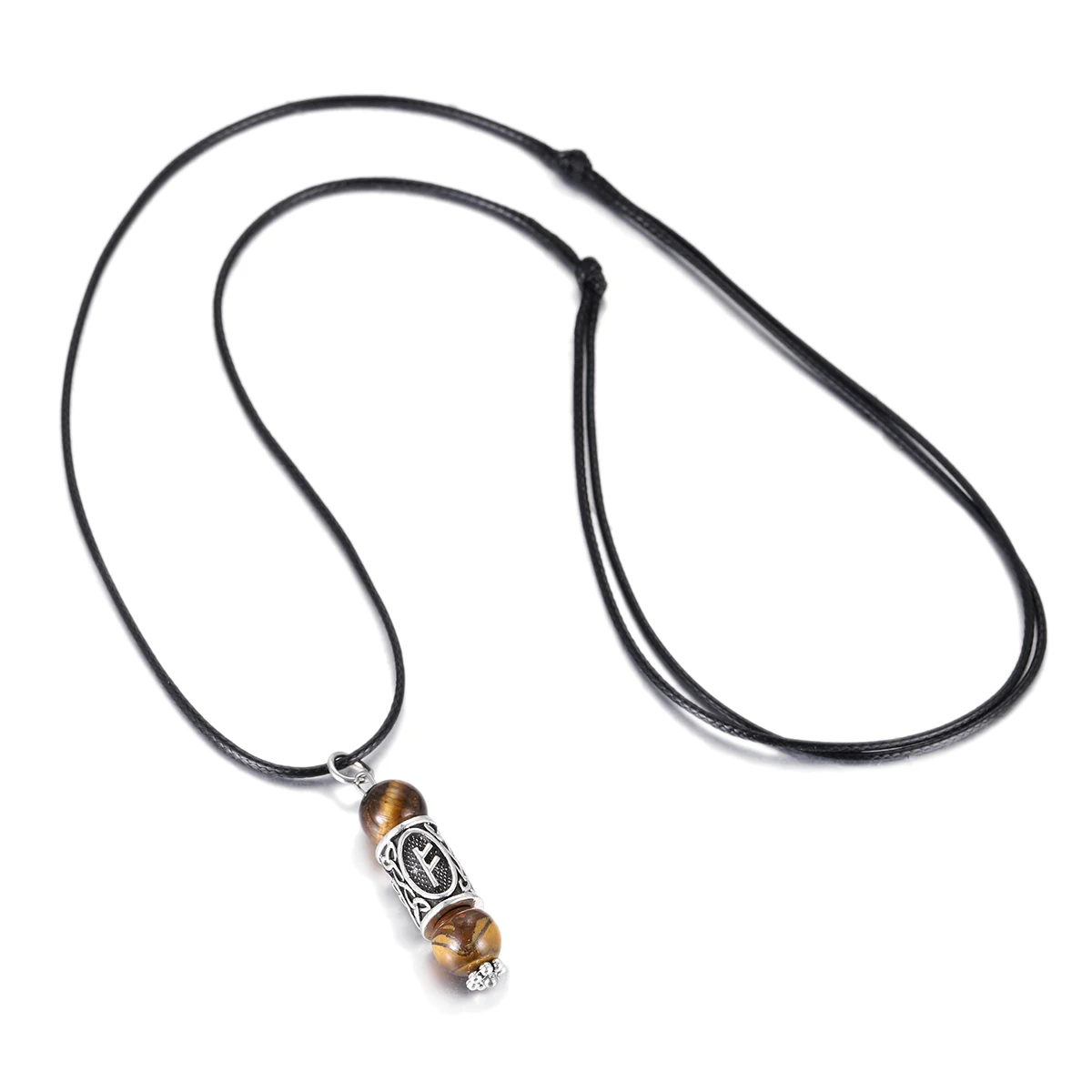 Viking Rune Natural Stone Necklace Women Men Silver Plated Carved Norse Runic Pendants Necklaces Female Leather Chain Jewelry