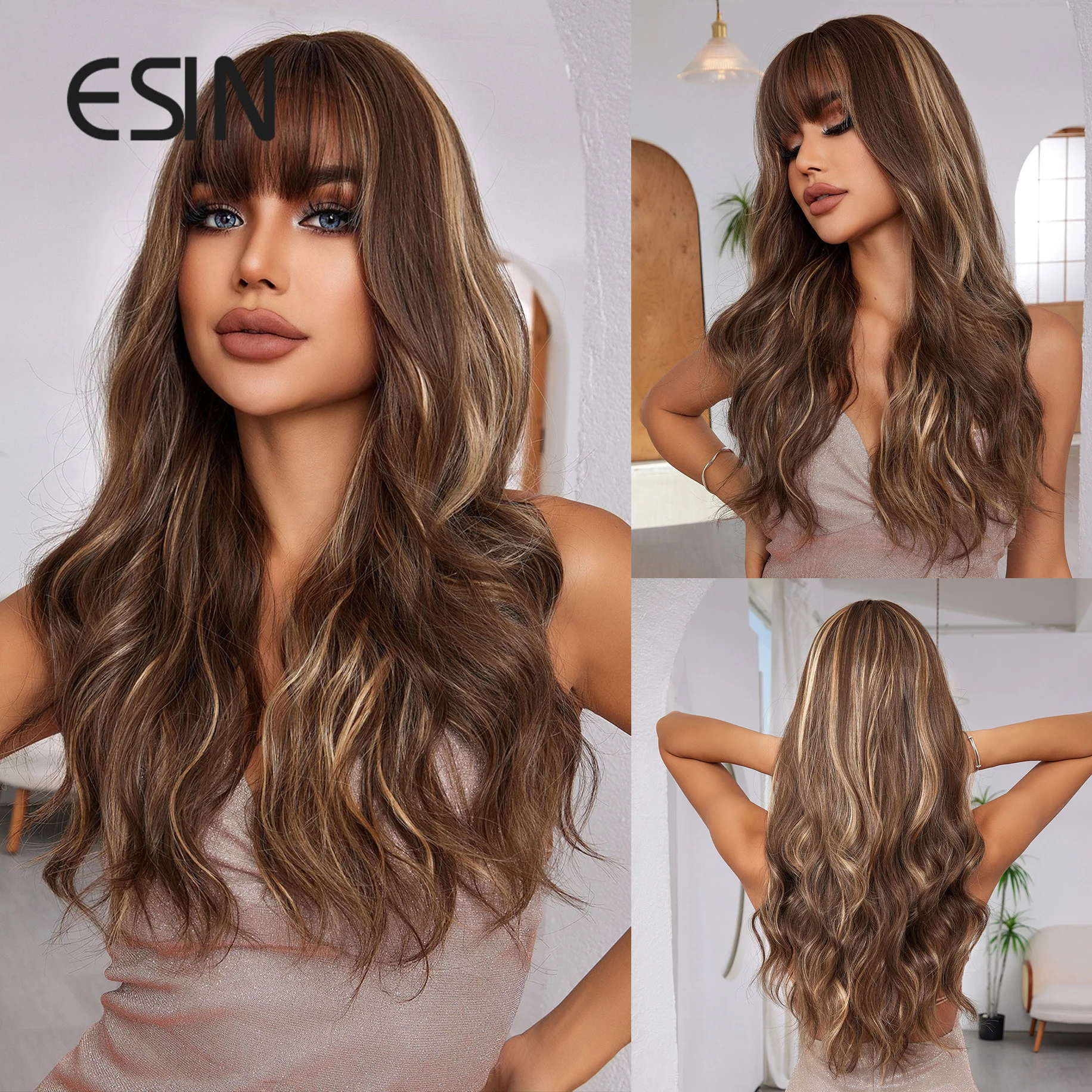 

ESIN Long Curly Wavy Hair Wigs Fashion Gradient Butterfly Haircut Wigs Middle Part Layered Synthetic Fiber Hair Wigs For Women