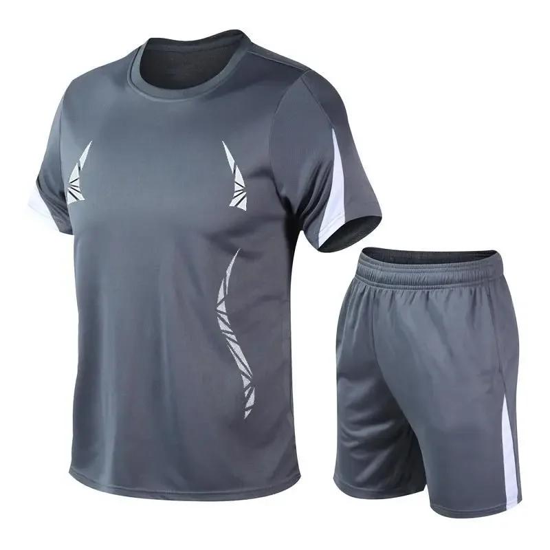 Summer Slim Casual Two-piece Sports Set Men Panelled Pullover V-neck Short Sleeves Pockets Quick Drying Fitness Unning Shorts