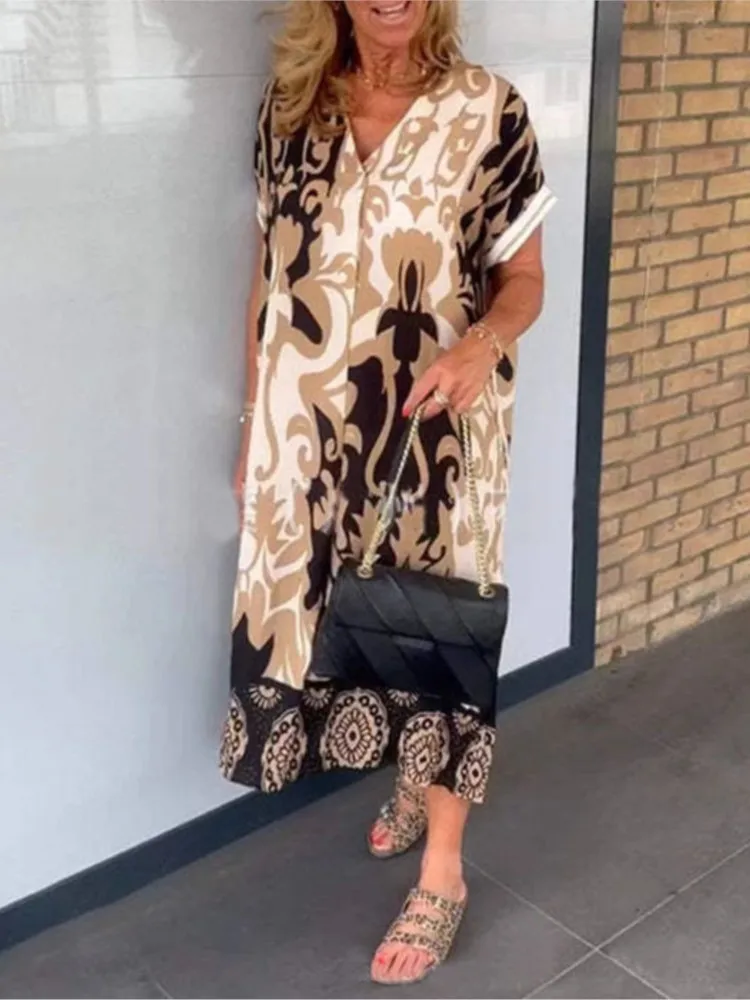 Women's Short-sleeve New V-neck Print Casual Dress Summer Fashion Elegant Office Party Holiday Women Clothes Dresses Robe Femme