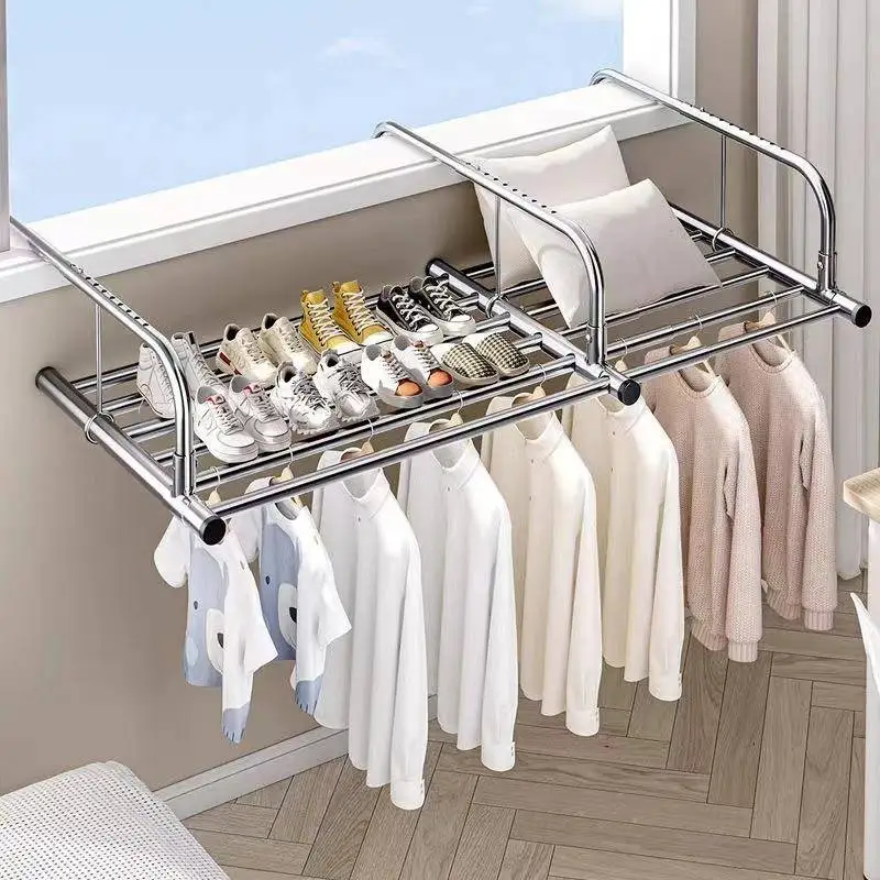 Small Window Direct Sunlight Shoe Rack Home Laundry Drying Stand Stainless Steel Windowledge Clothes Hanger Storage Organizer