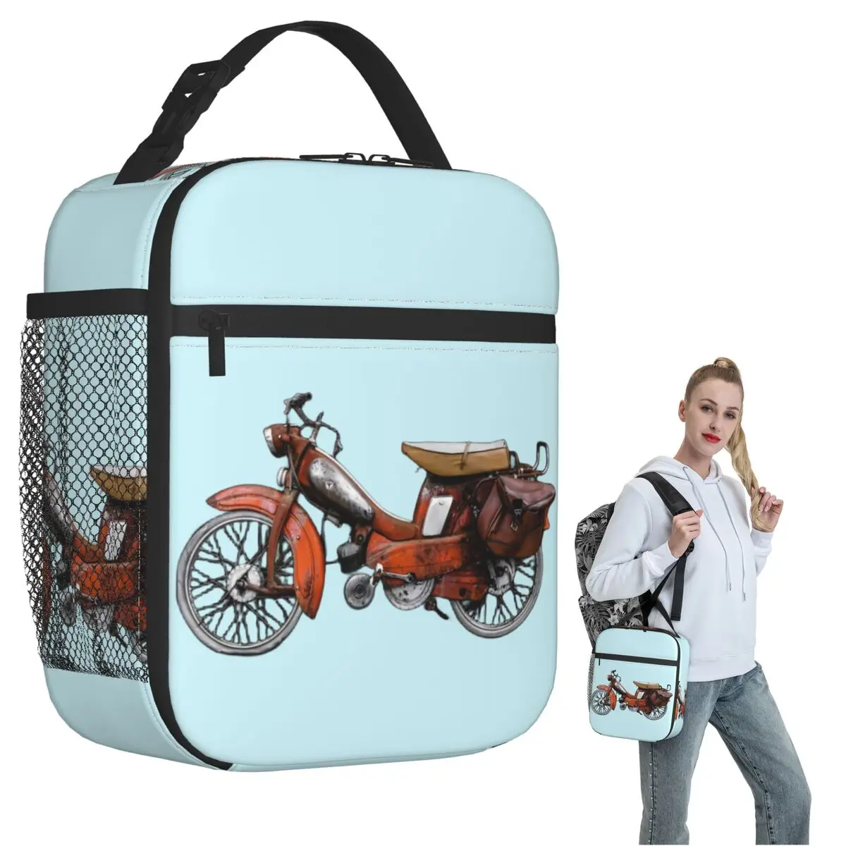 Vintage French Motobecane Moped Insulated Lunch Bag for Women Children Portable Food Boxes Thermal Lunch Box Tote