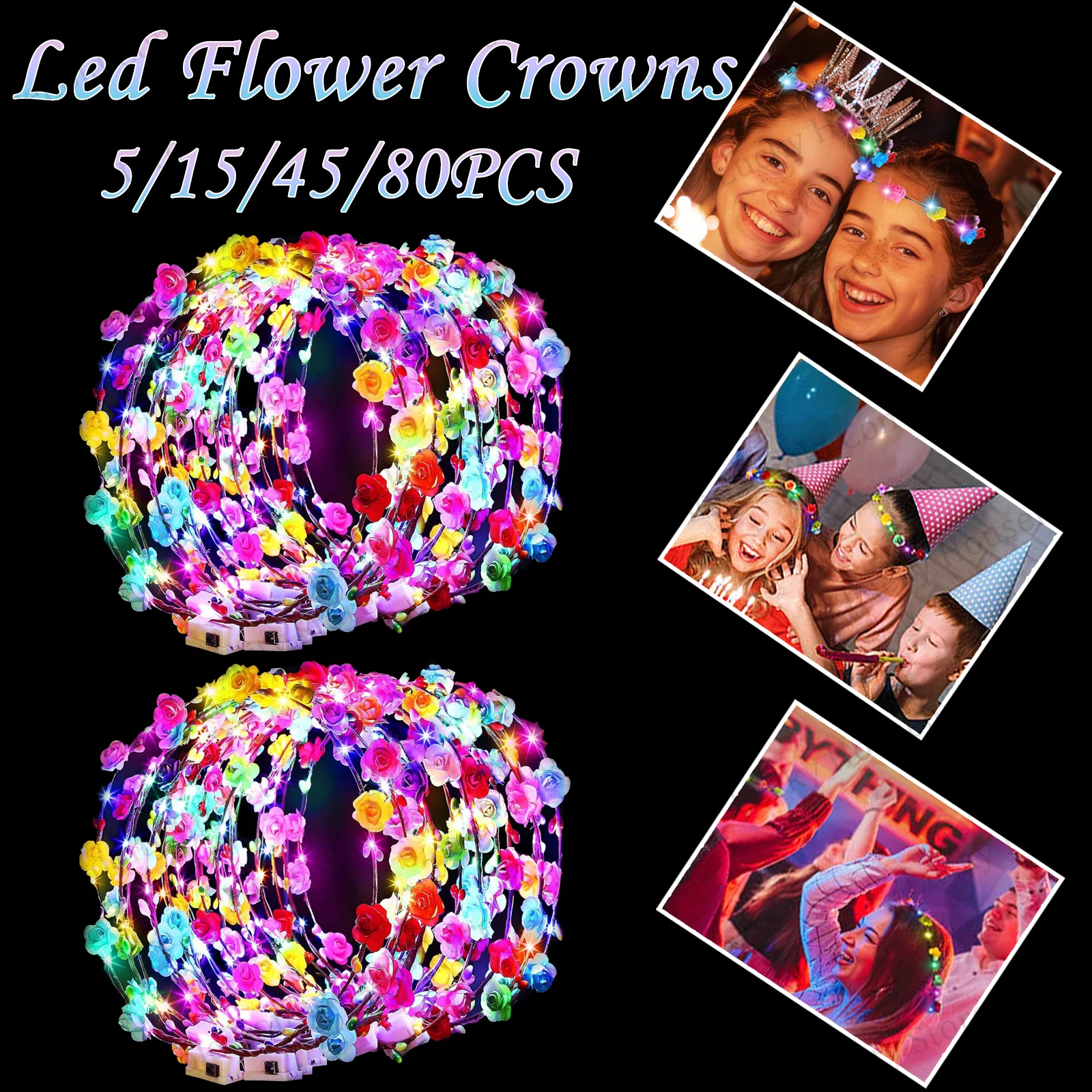 80-5Pcs LED Flower Crowns Light Up Headbands for Women Glowing Floral Wreath Crowns Girls Hair Crowns Glow in the Dark Supplies