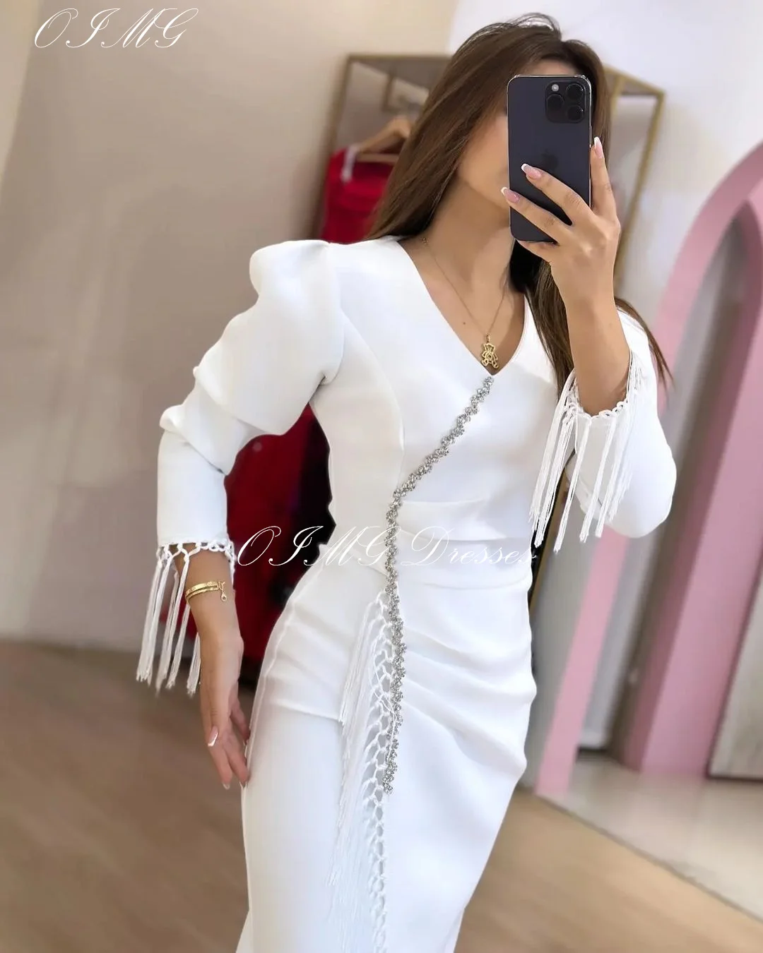 OIMG Saudi Customized Tassels Ivory Prom Dresses Long Sleeves Satin White Mermaid Vintage Simple Gowns Formal Party Dress