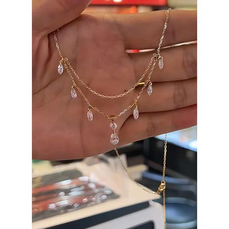 Double Linked Floating Diamonds Necklace 2CT Pear Cut & Marquise & Round Cut Lab Grown Diamond 14k Gold Pendant Gift For Her