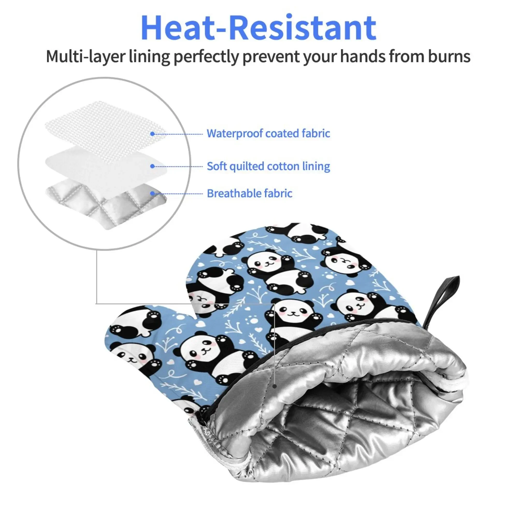 Panda Cute Blue Heat Resistant Gloves Oven Mitts Gloves Kitchen Decor Heat Resistant Pot Holders Set for Cooking Baking BBQ 2pc