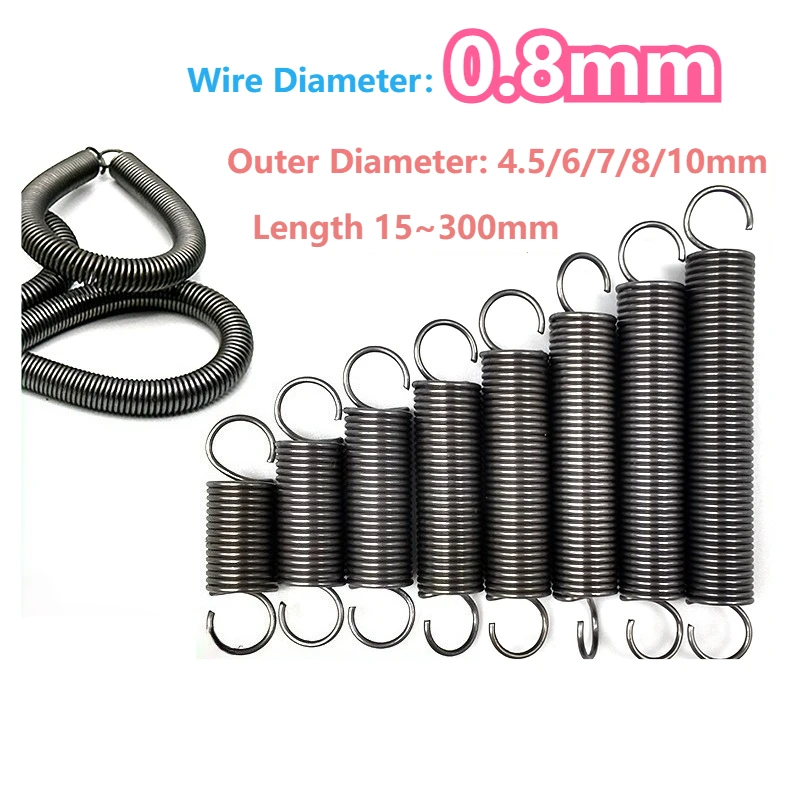 Opening Hook Stretching and Pulling Back Coil Spring Steel Wire Diameter：0.8mm Outer Diameter: 4.5/6/7/8/10mm Length 15 to 300mm