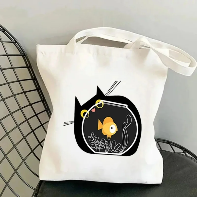 Cute Black Cat Goldfish Bowl Print Canvas Tote Bag White Aesthetic Shoulder Bag Casual Handbag