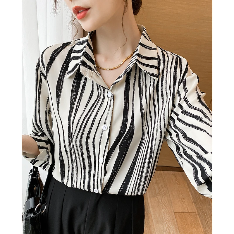 Women Spring Simplicity Loose Temperament Striped Chiffon Polo-Neck Long Sleeve Shirts Women Clothes Casual All-match Trend Tops