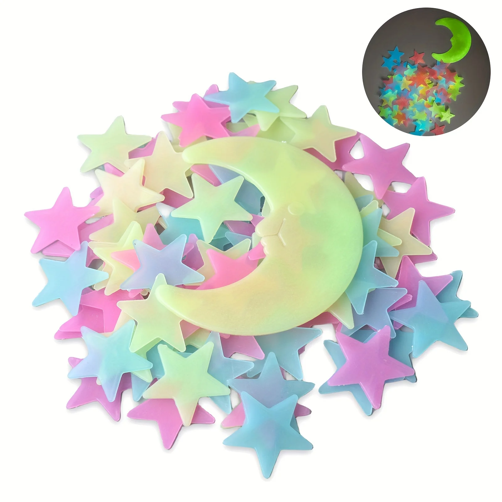101 Uds. Estrellas luminosas coloridas con 1 pegatinas de pared de Luna para dormitorio pegatinas de estrellas luminosas 3D crear cielo estrellado realista