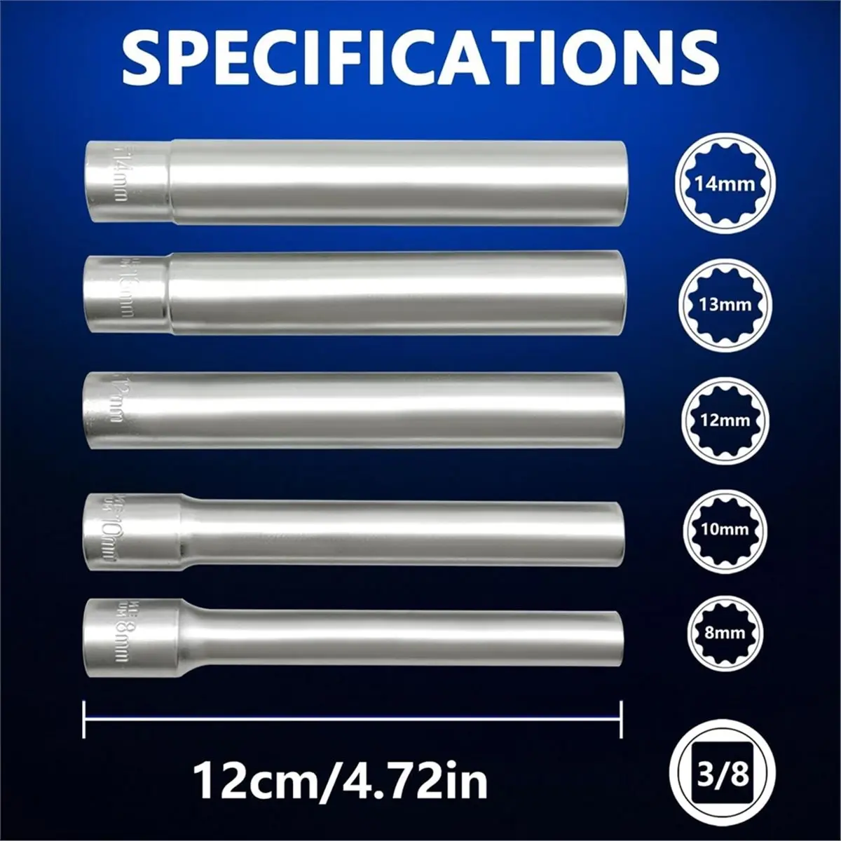 2026 New 7PCS Deep Metric Socket Set 3/8-Inch Drive 12PT 8-10-12-13-14MM with 1/2 3/8-Inch Adapter- Extra Long Deep 120MM