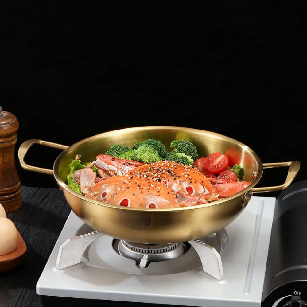 Portable Stainless Steel Ramen Pot Gold Brushed Flat Bottom Pan Single Serving Hot Pot Kitchen Soup Cookware Set