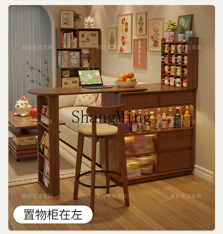 SM Vintage Style Extendable White Wax Wood Solid Wood Bar  Small Apartment Partition Narrow Island Table Sideboard Integrated