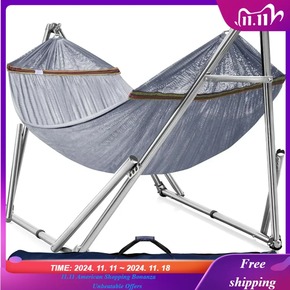 

Double Hammock with Stand 650lb Capacity Double Hammock with Spreader Bar, Solid Grade 201 Stainless Steel 30s Set Up,Grey