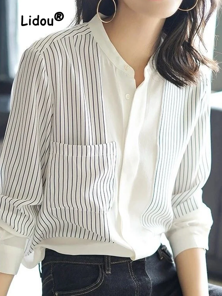 

Simple Office Lady Temperament Top Women Spring Summer New Long Sleeve Loose Pocket Stripe V-neck All-match Chiffon Shirt