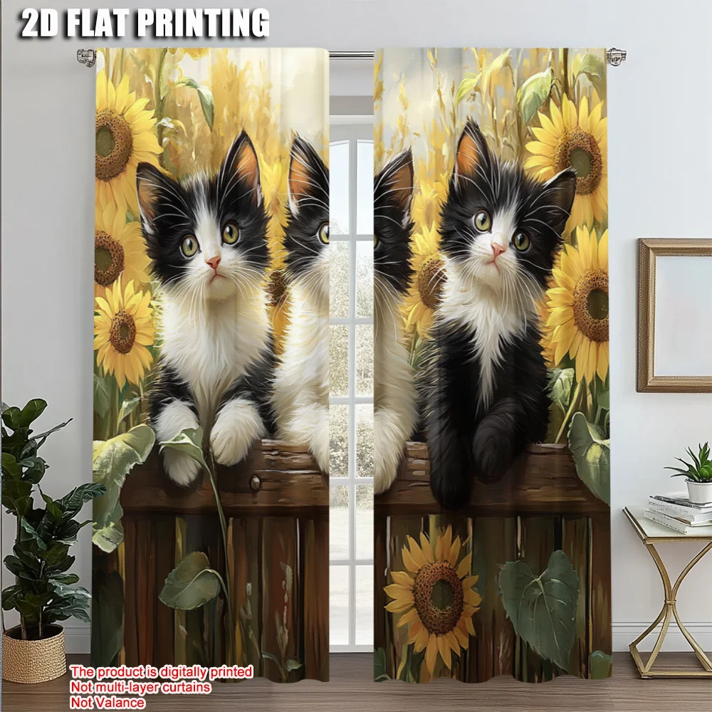 

2pcs, Minimalist Curtains 2D print Charming Cat & Sunflower Versatile Polyester (without rod) Art Deco Festive Perfect for