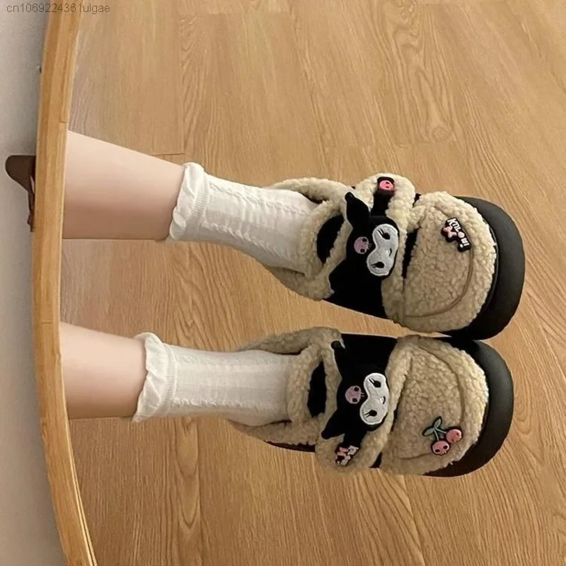 Sanrio Kuromi New Cotton Shoes Women Slippers Autumn Winter Outdoor Platform Shoe Student Versatile Lamb Plush Round Head Shoes