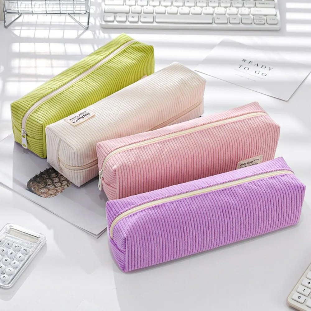 

Corduroy Stripe Pencil Case Minimalist Solid Color Pen Storage Box Rectangular Metal Zipper Stationery Pouch School Supplies