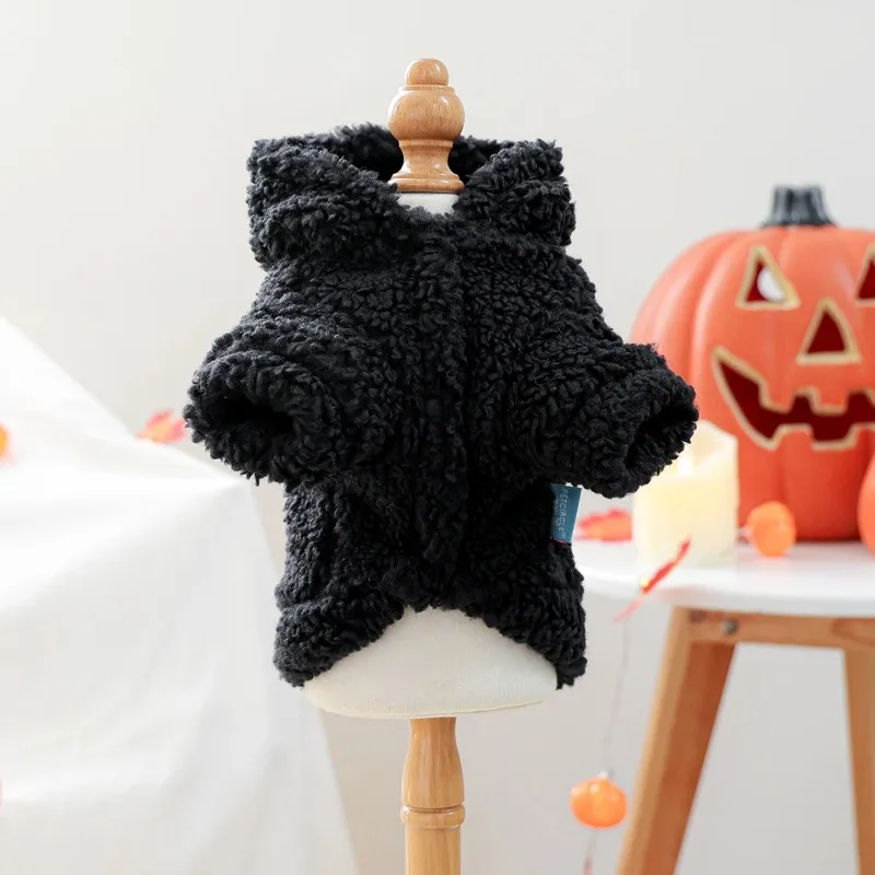 1 قطعة سترة رأس اليقطين هالوين ملابس الحيوانات الأليفة الكلب القط الصوف سميكة شتاء دافئ أسود مقنعين سترة
