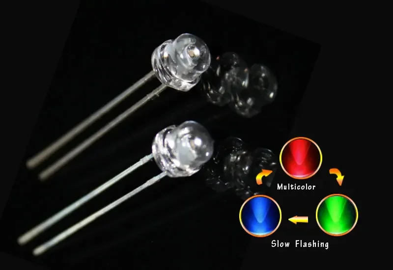 

100pcs/lot 5mm Straw Hat RGB Slow Flashing Flicker Transparent Tri-Color Red Green Blue 20mA 3.0V 3.4V
