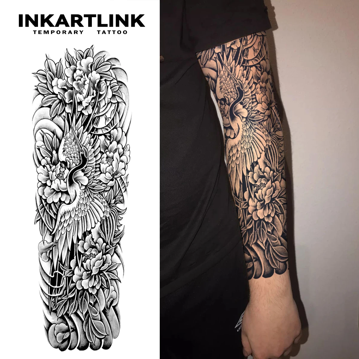 Crane And Peony Temporary Tattoo,Lasts To 15 Days New Technology Magic Waterproof Semi Permanent Sticker,For Men Sleeve Tattoos.