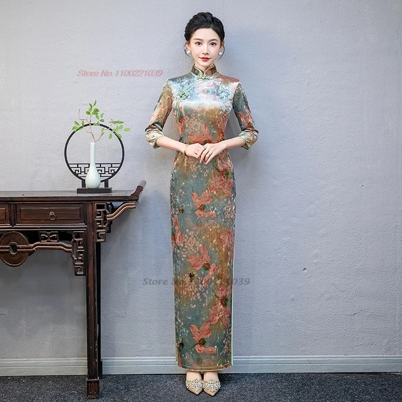 Vestido vintage chino cheongsam mejorado con estampado de flores nacionales, vestido de terciopelo para actuación en escenario, vestido de noche para banquete, 2024