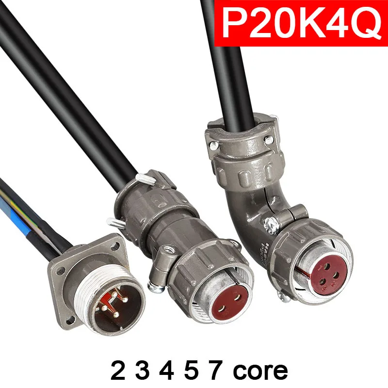 Straight Angled Aviation Plug And Socket With Cable P20K4Q 2 3 4 5 7 Pin Connector 20mm Hole 2core 3P 4P 5P 7P 3core 4core 5Pin