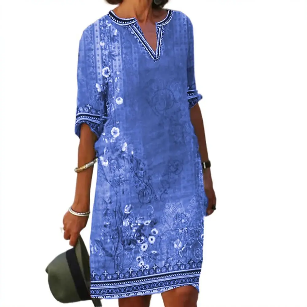 Bohemian Womens Summer Dress Floral Print V Neck Short Sleeve Long Dresses Casual Loose Fashion Beach Holiday Outfits
