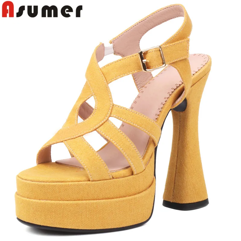 

ASUMER 2023 Size 34-44 New Fashion Ladies Dress Shoes Peep Toe Denim Buckle Shoes Thick High Heels Platform Sandals