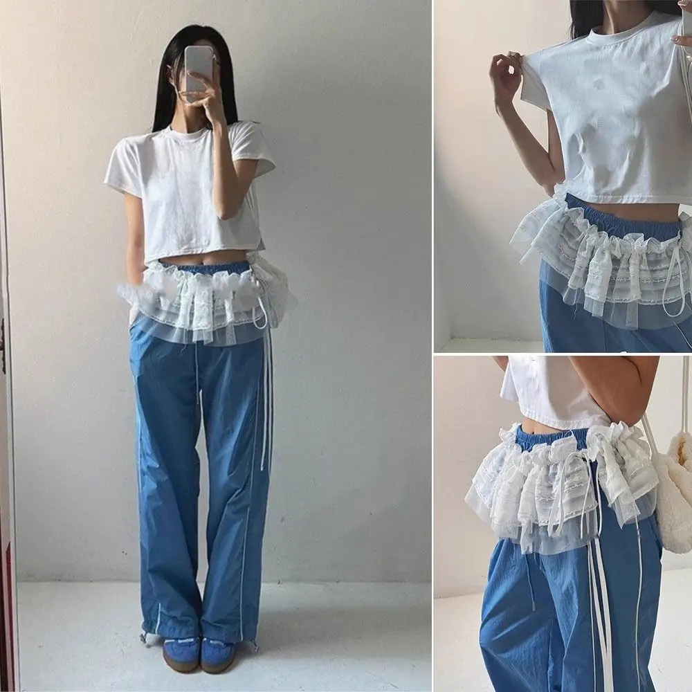 

New Embroidered Flower Lace Mini Skirt See Through Harajuku Lace Up Ruffles Skirt Y2K Streetwear Butt Curtain Jeans Decoration