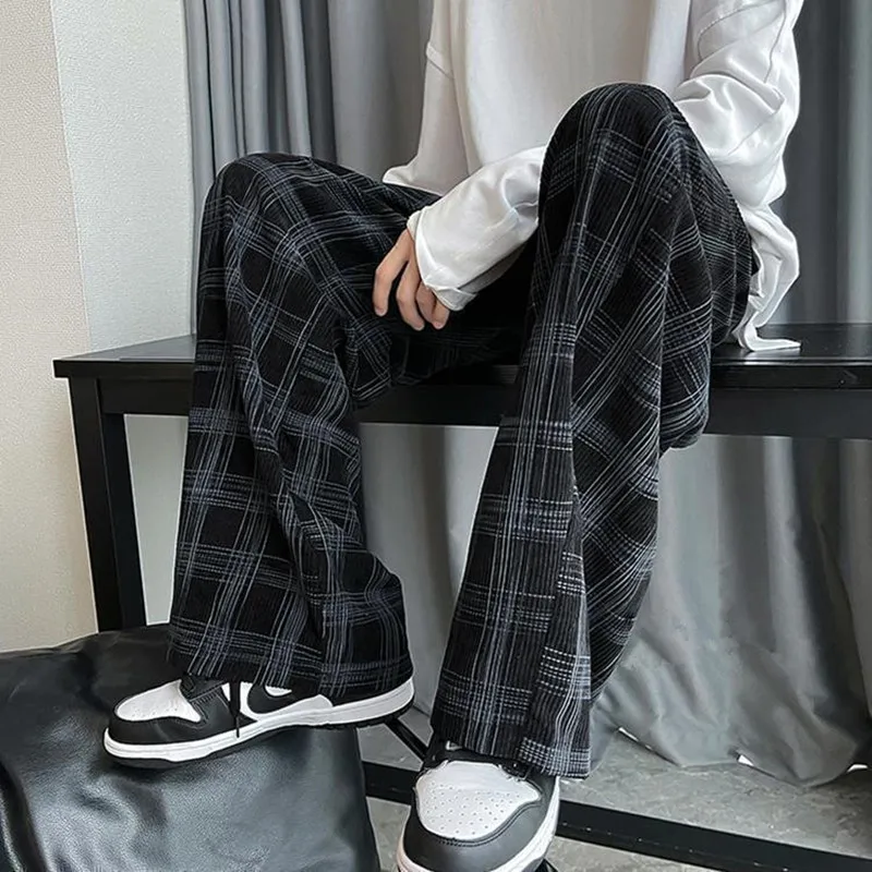 

Men's Fce Lined Casual Pants Loose Wide Leg American Sle Autumn Winter Faion Trend Straight Tube High Street Plaid Pants