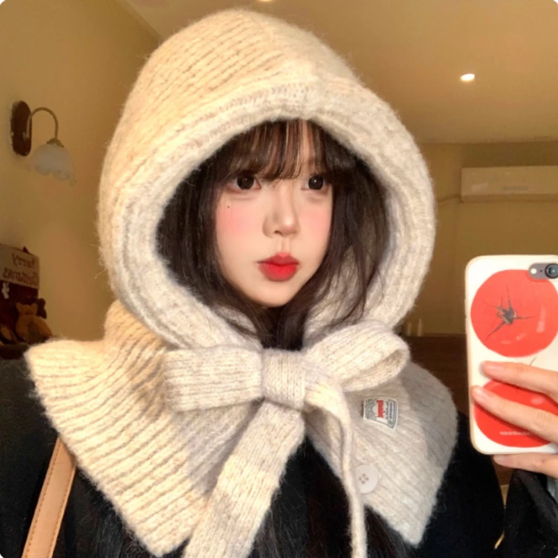 Korean Pullover Balaclava Cap Women's Winter Cycling Warm Knitted Ear Protection Hat Scarf Neck Guard Integrated One Bomber Hats
