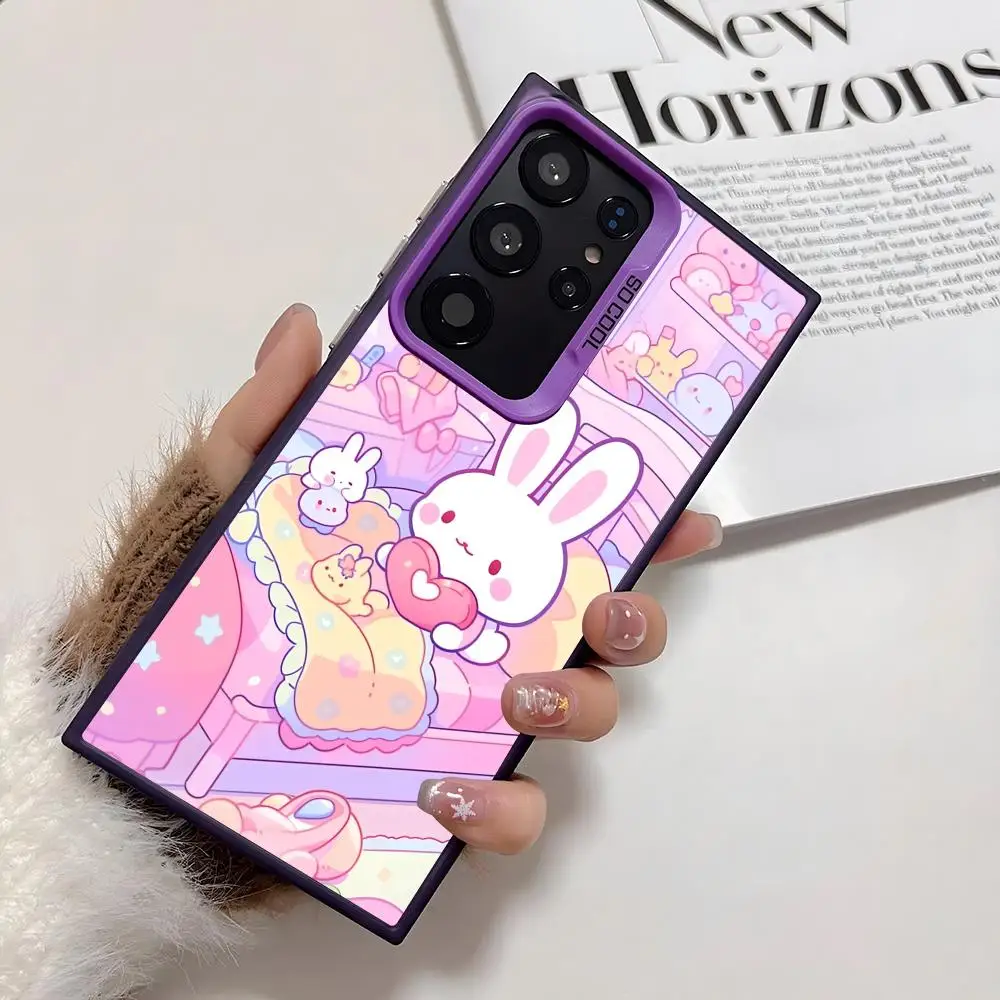 Casing Ponsel Kelinci Pink Kawaii Untuk Samsung Galaxy S25 Edge S24 S23 S22 S21 S20 Ultra Funda Silikon Penutup Perak