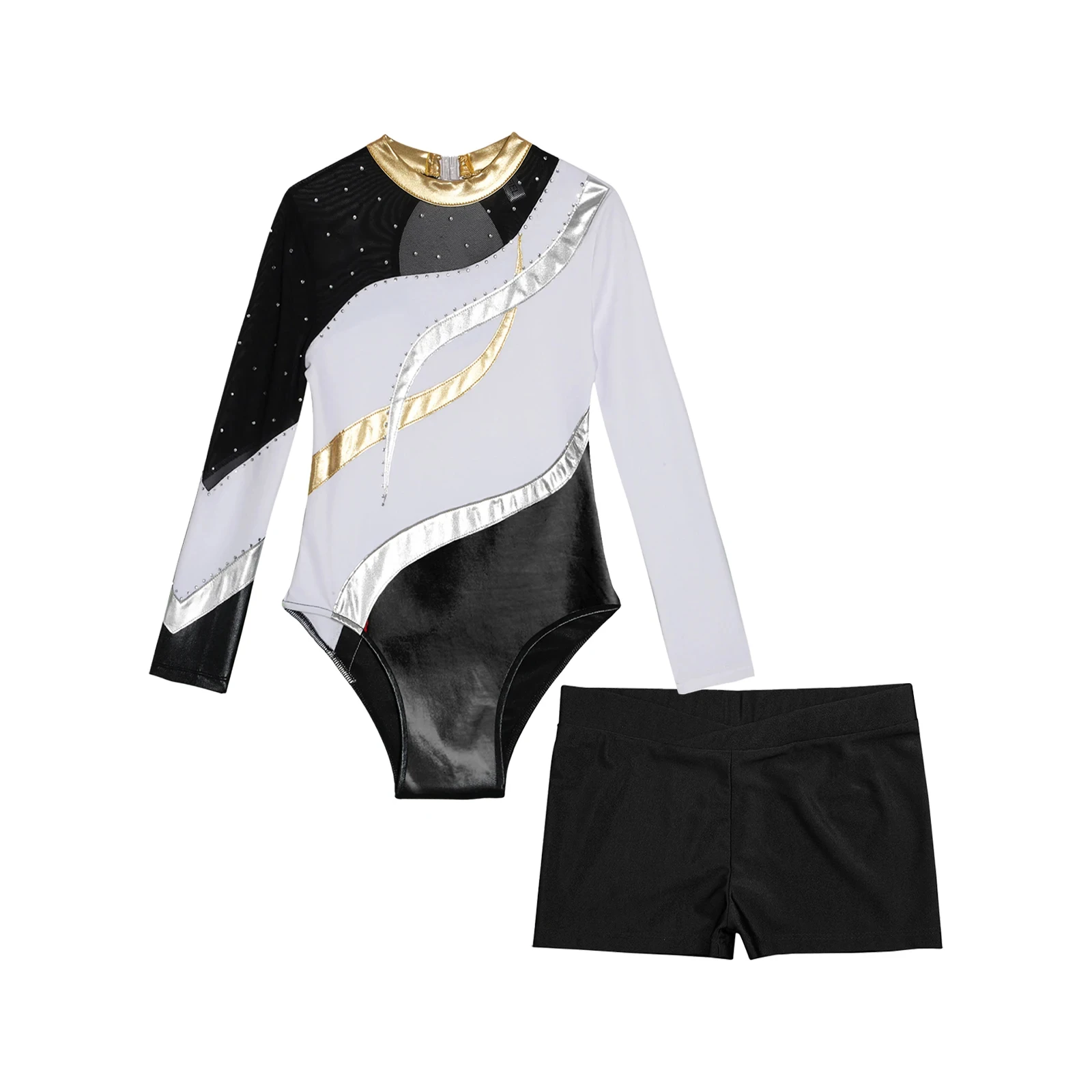 Kids Girls Ballet Gymnastic Leotard Figure Skating Performance Costume Long Sleeve Shiny Rhinestones Bodysuit with Shorts Sets