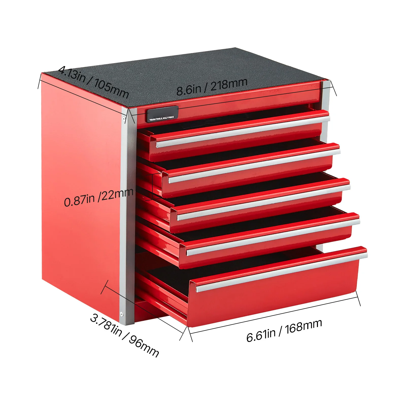 SucceBuy 5-laden 8,6 inch metalen gereedschapskist rood/zwart draagbare kleine gereedschapskist met PP-voeten pads voor garage werkplaats gereedschap opslag